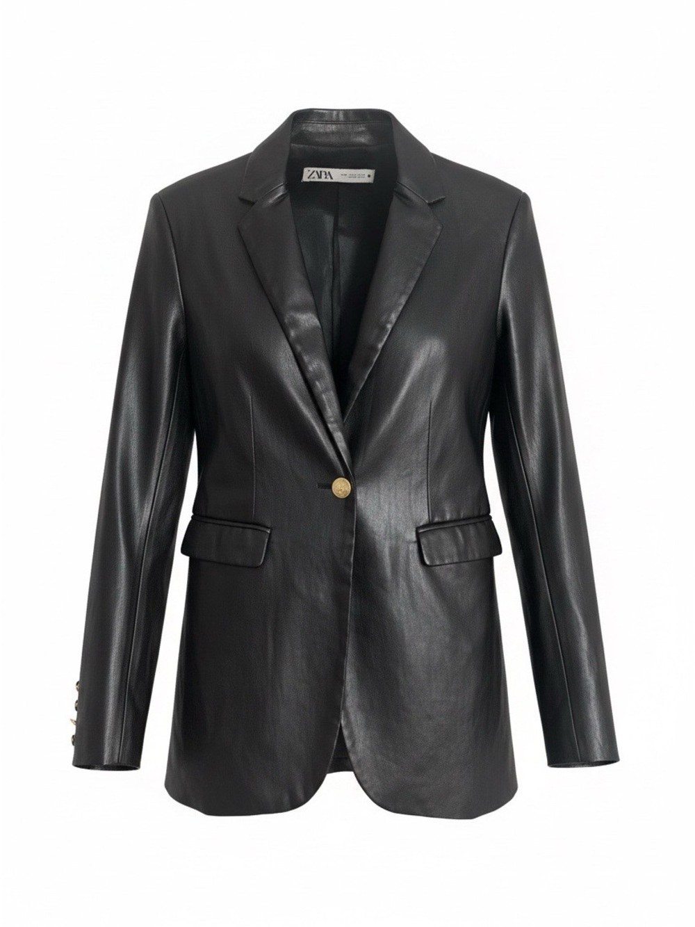 Zara Black Faux Leather Blazer with Gold Button